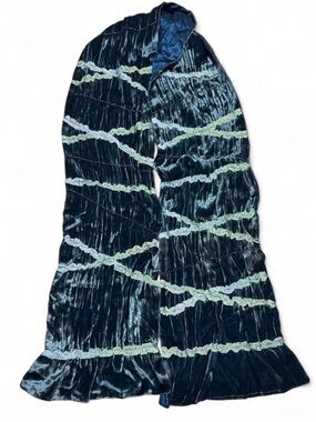 VTG Liz Claiborne Y2K Silk Blend Scarf Blue Teal Beaded Ruffle Trim Satin Wrap